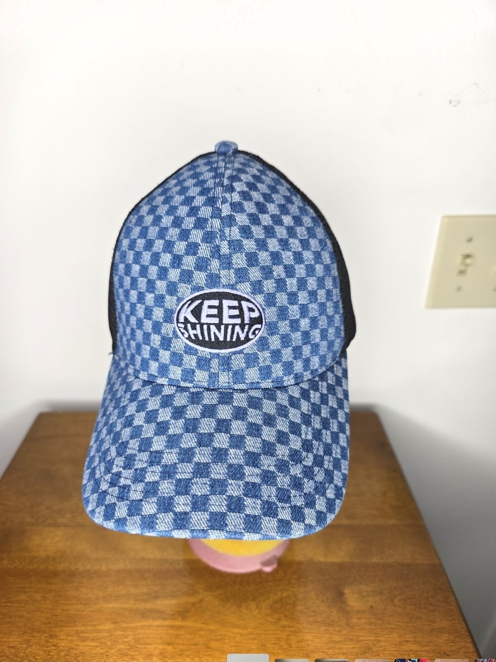 Urban Outfitters Blue Checkered 'Keep Shining' Baseball Cap